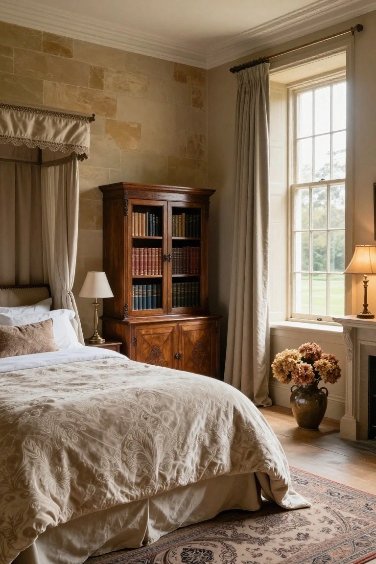 Bedroom interior with beige exposed stone walls, cream four-poster bed with draped canopy and pillows, antique wooden bookcase filled with books, large window with beige curtains, wooden side table with lamp, and mantel with dried flowers in vase.