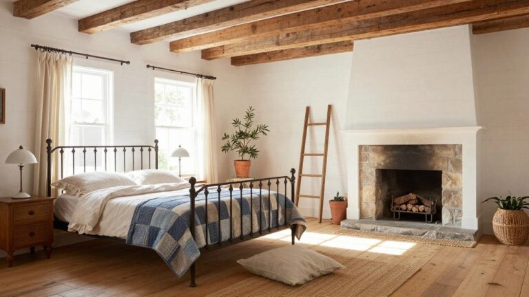 Bedroom interior with dark exposed wooden beams on the ceiling, white walls, stone fireplace, iron bed with blue quilt, wooden ladder, and potted plant by window.