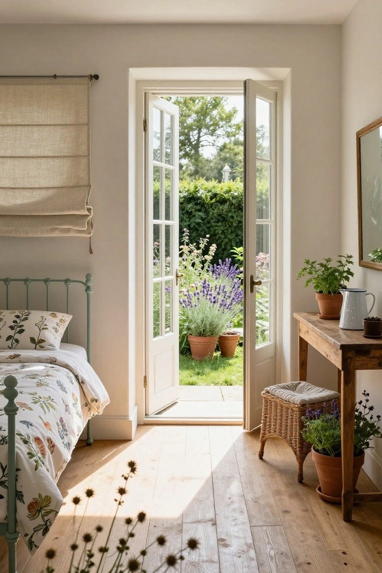 A light-filled bedroom featuring a mint green metal bed with floral bedding, open white French doors to a lush garden with lavender plants, a wooden side table holding potted herbs and a metal watering can, linen blinds, and hardwood floors.