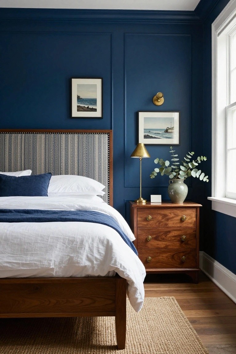 Bedroom corner with navy blue paneled walls, wooden bed with striped upholstered headboard and white linens plus navy throw, wooden nightstand with brass lamp, eucalyptus vase, and photos, next to a white-framed window.