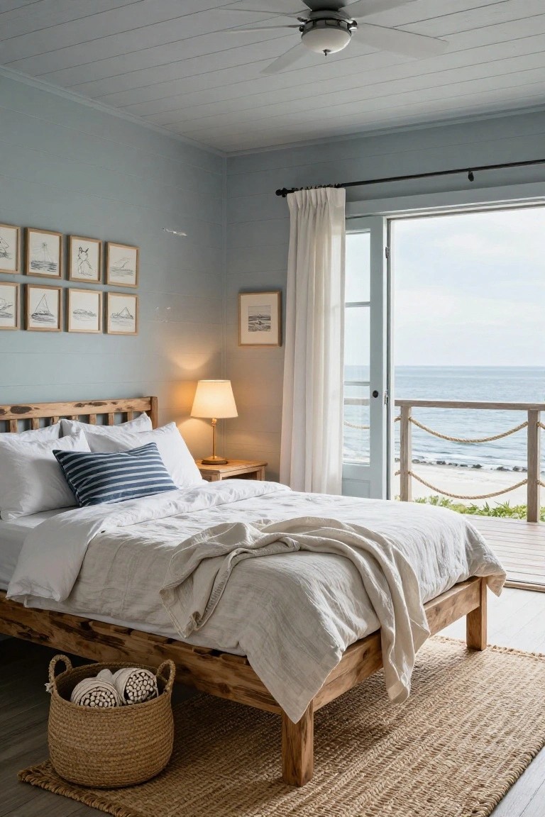 Bedroom interior featuring pale blue shiplap walls, wooden platform bed with white linens and striped pillow, bedside lamp on wooden table, open white curtains on French doors to wooden balcony overlooking ocean, seagrass rug, wicker basket, nautical line drawings on walls, and ceiling fan.