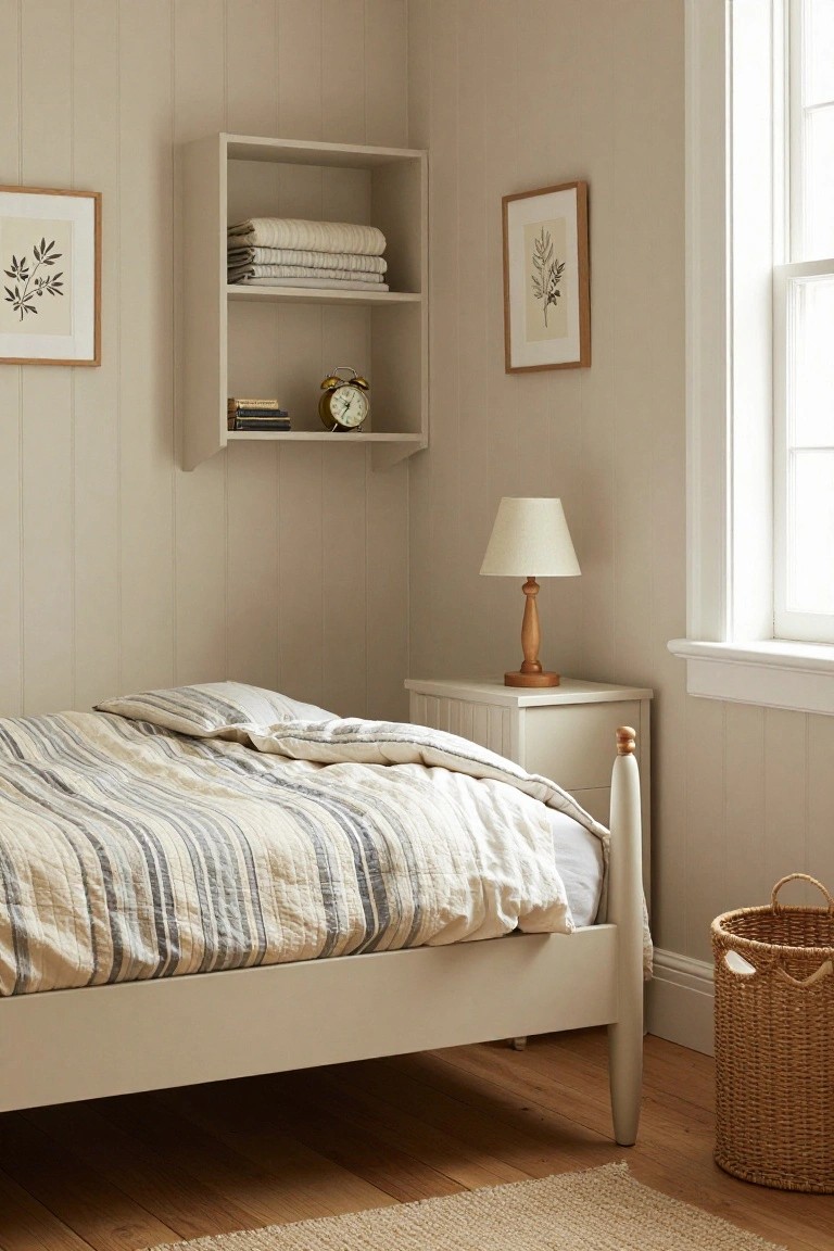 Corner view of a light beige tongue-and-groove paneled bedroom featuring a white wooden bed with striped linen bedding, wooden nightstand and lamp, floating shelf with books and towels, botanical art, wicker basket, and seagrass rug on hardwood floor.