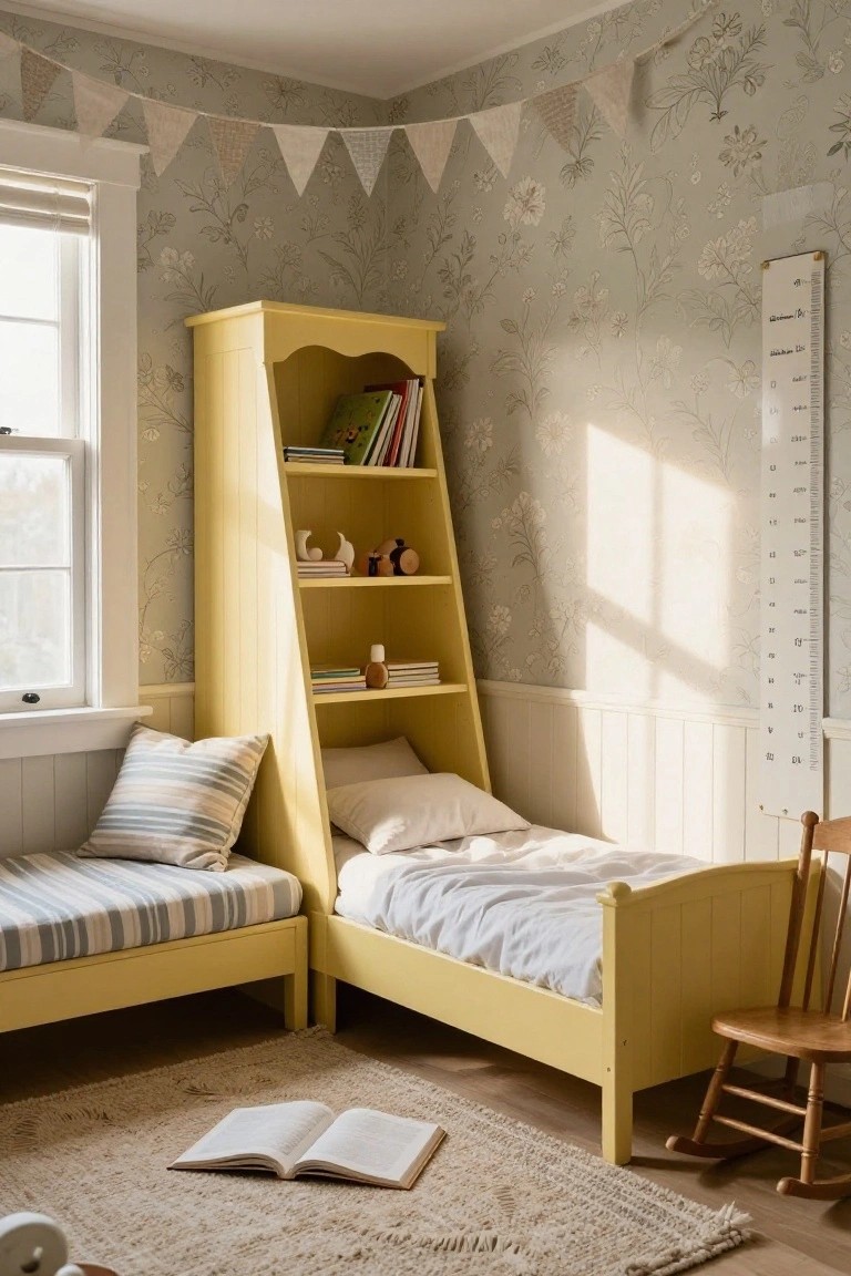 Children's bedroom interior with pale yellow painted wooden tall bookshelf, daybed, single bed, rocking chair, pillows, books, and open book on rug against grey floral wallpaper and white wainscoting.