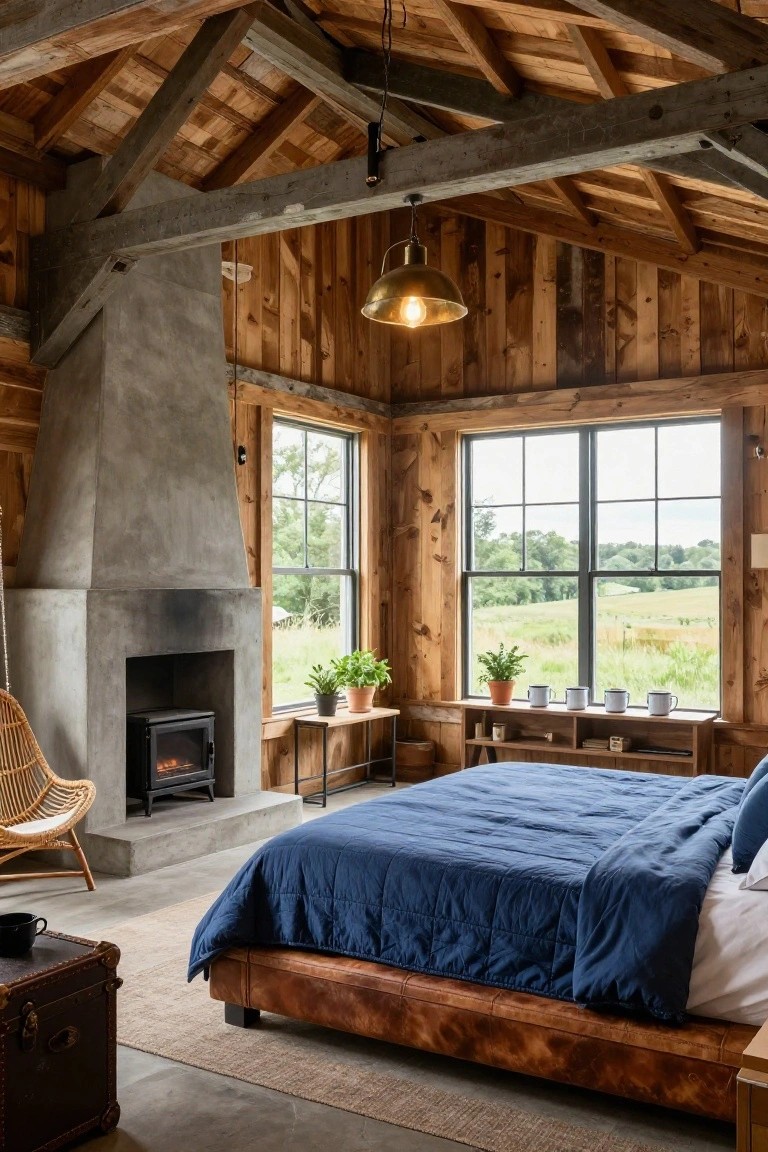 Wooden cabin bedroom with exposed beam ceiling, tall gray concrete fireplace, platform bed with blue duvet and pillows, rattan chair, plants on windowsill overlooking green fields, and brass pendant light.