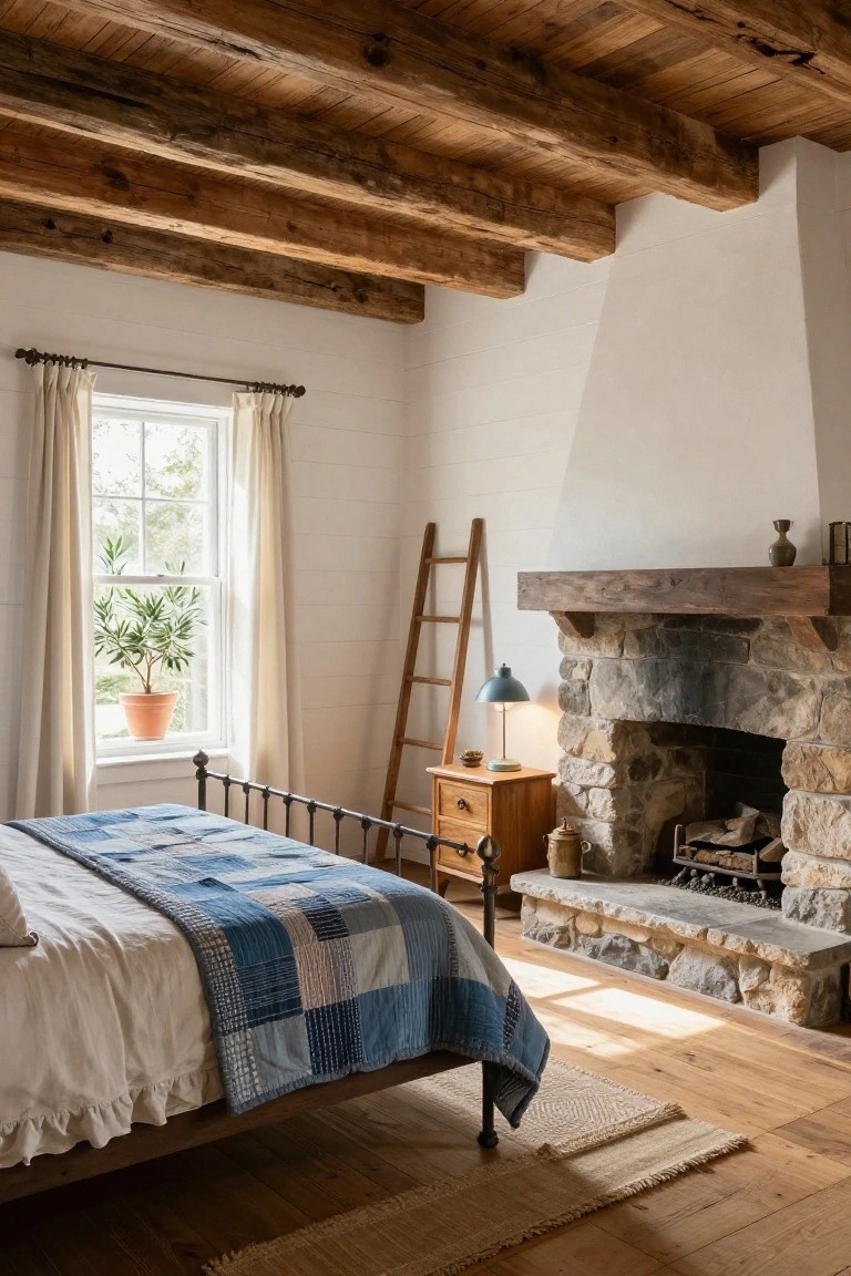 Bedroom interior with dark exposed wooden beams on the ceiling, white walls, stone fireplace, iron bed with blue quilt, wooden ladder, and potted plant by window.