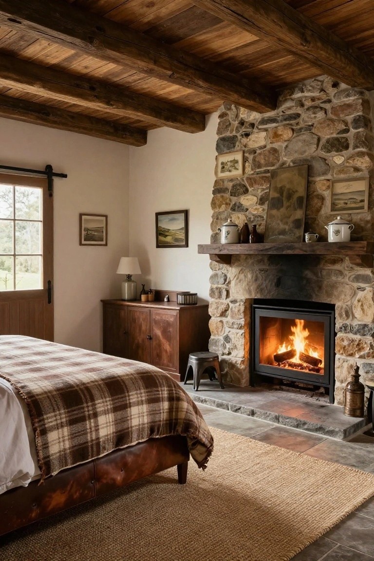 Cozy bedroom interior with rustic stone fireplace burning wood logs, wooden beamed ceiling, plaid blanket on leather bed, wooden furniture, and seagrass rug on stone tile floor.