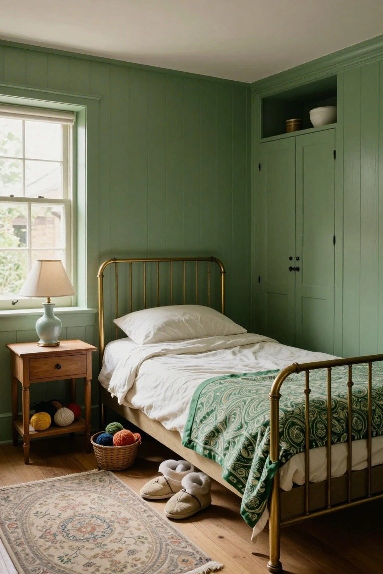 Corner bedroom with sage green paneled walls, brass single bed draped in green quilt and white sheets, wooden nightstand with yarn balls and ceramic lamp, built-in green cabinet above, slippers on floor, and patterned rug.