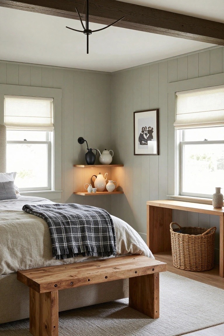 Bedroom corner featuring pale sage green vertical shiplap walls, wooden floating shelves with black and white pottery, bed with white linens plaid blanket and wooden foot bench, wooden side table with seagrass basket, near two windows with linen shades.