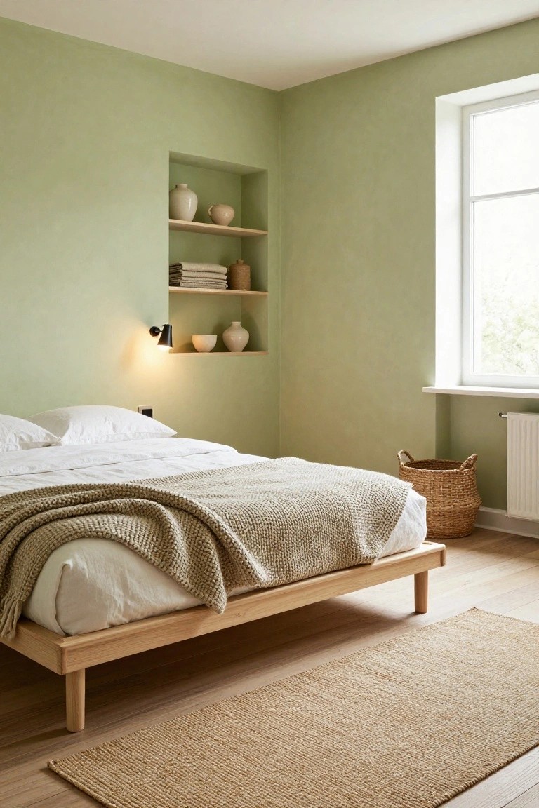 Bedroom with pale green walls, recessed wooden shelves holding white ceramics and folded linens, low wooden platform bed with white sheets and beige knit throw, wicker basket by radiator, seagrass rug on light wood floor, and large window.