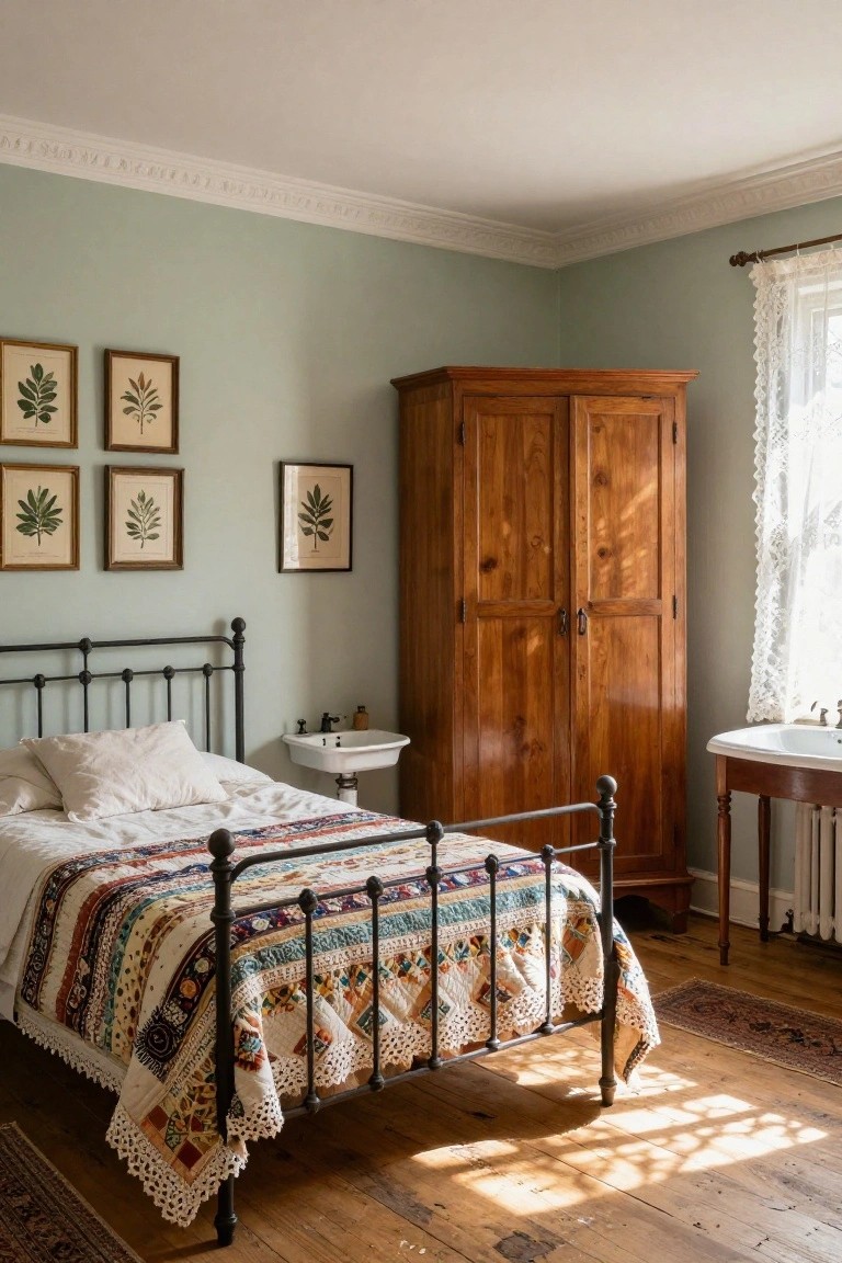 Bedroom with light sage green walls, tall wooden wardrobe, black iron bed draped with colorful patchwork quilt and white linens, framed botanical prints, pedestal sink on wood stand, lace-curtained window, and wood floor.
