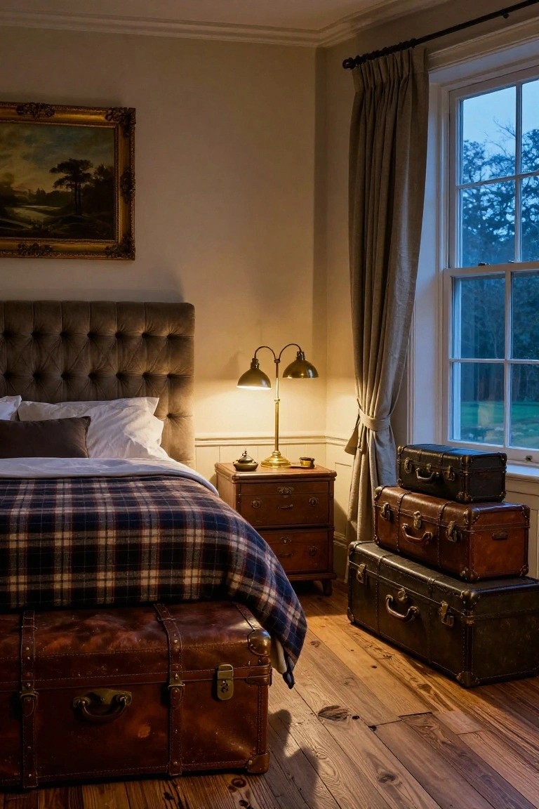 Bedroom corner with tufted brown headboard, white and gray pillows, plaid blanket on bed, brass lamp on wooden nightstand, stacked antique leather trunks on wooden floor, and tall window with gray curtains.