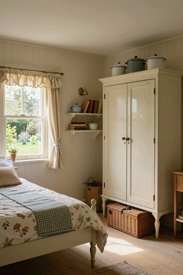 Light-filled bedroom with cream paneled walls, tall cream wooden wardrobe topped with three enamel pots, built-in shelves with books and dishes, wooden bed with blue check duvet cover and floral sheets, side table, and window overlooking garden.