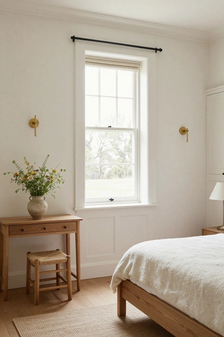 A bedroom with oak bed frame and white bedding, wooden desk holding terracotta vase of wildflowers, low wood stool, large window with sheer shades overlooking trees, white walls and oak flooring with beige rug.