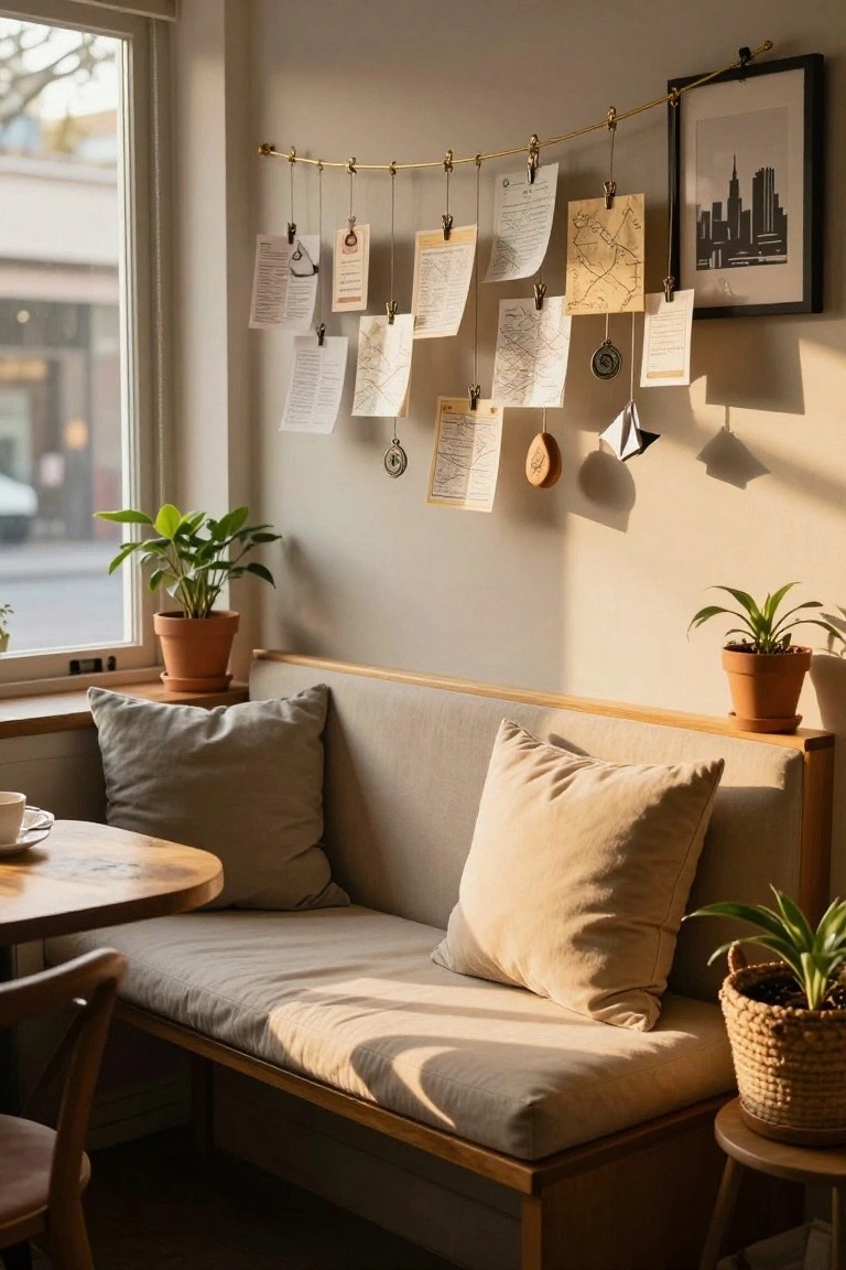 Indoor corner with beige linen bench, wooden round table and stool, potted plants, and brass wall rail holding clipped papers, maps, and notes by a large window.