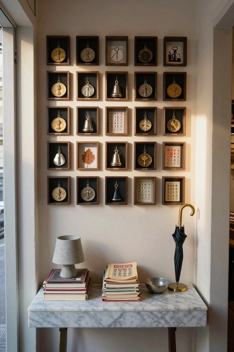 Interior wall with a grid of small wooden frames displaying brass medals, bells, keys, shells, leaves, and symbols above a white marble console table holding stacked books, a gray lamp, a metal bowl, and a black umbrella on a gold stand next to a glass door.