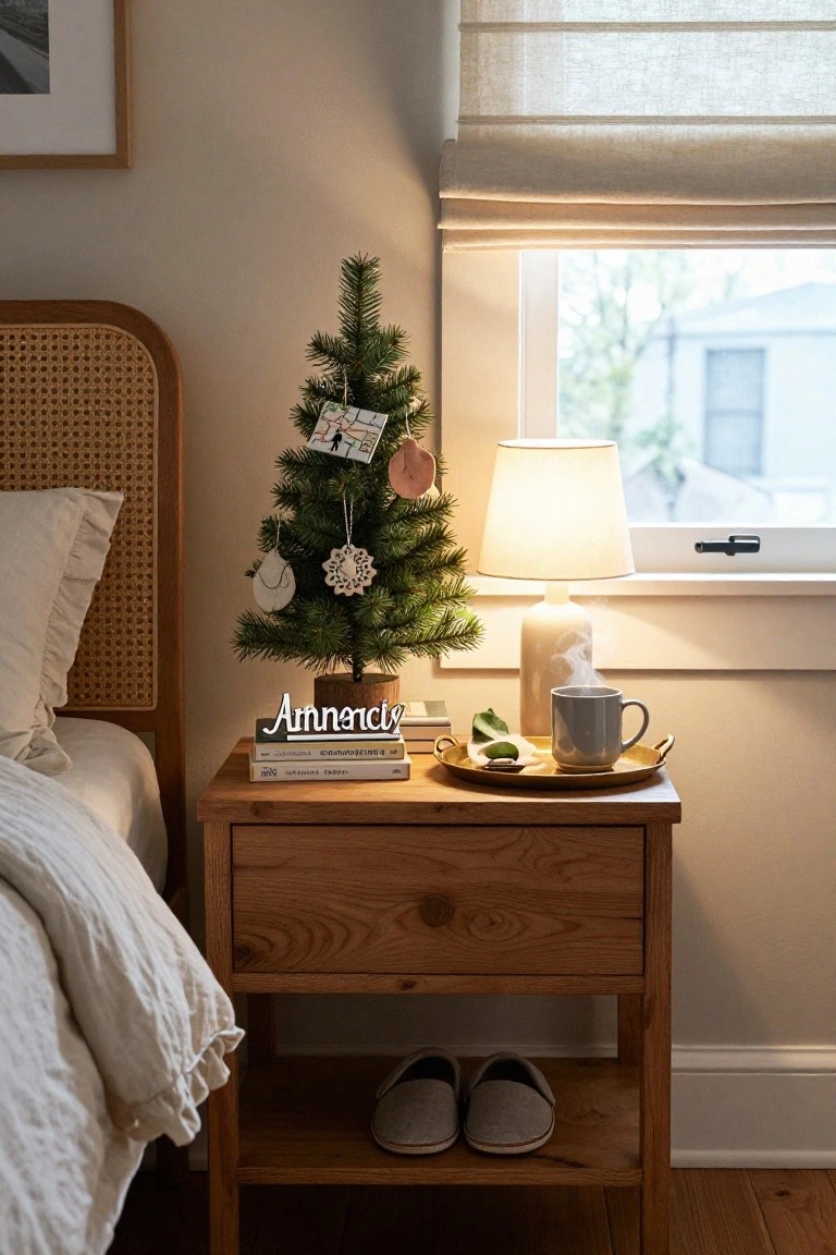 Wooden nightstand next to a bed with rattan headboard holds a small decorated Christmas tree, books labeled Anniversary, a lamp, mug of steaming tea on a tray, and gray slippers on the lower shelf, with sheer blinds on a window in the background.