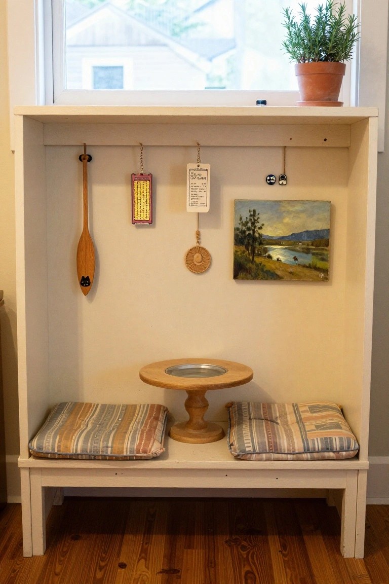 Wooden built-in window bench with striped cushions on each side, a central pedestal table holding a metal bowl, hanging wooden spoon with cat face, tags, woven disk, small painting of landscape, and potted rosemary plant on shelf above.