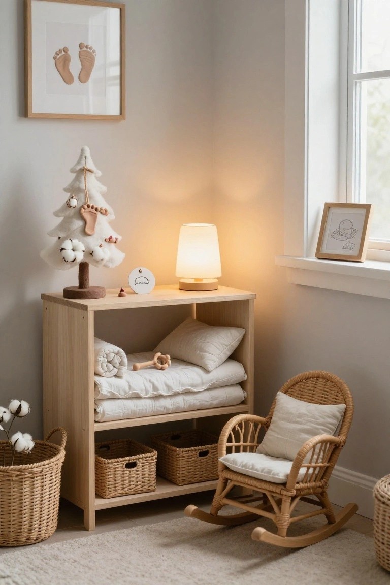 Nursery corner with wooden changing table holding a small white felt Christmas tree decorated with baby footprint and cotton puff ornaments, a lamp, bedding, pillows, baskets, a rattan rocking chair, and framed baby feet artwork on a light gray wall.