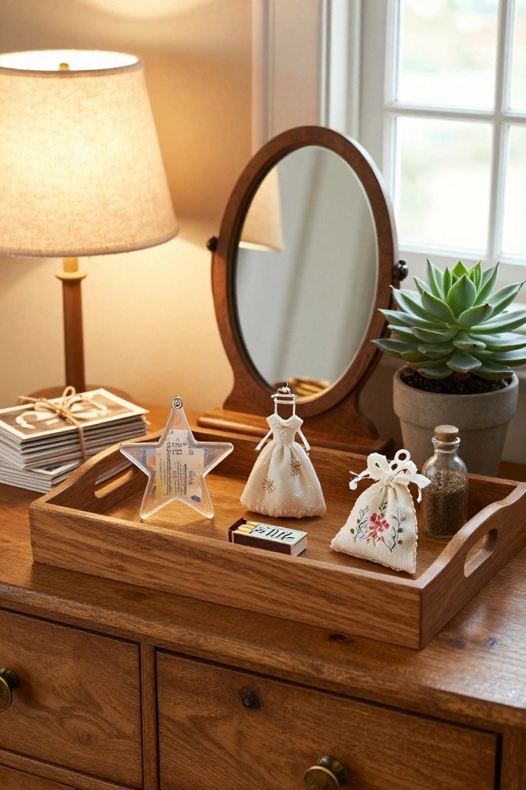 Wooden tray on a dresser top holding a clear star-shaped ornament with paper inside, a fabric doll figure, embroidered sachets, a matchbox, and stacked photos, beside a lamp, oval mirror, and potted succulent plant.