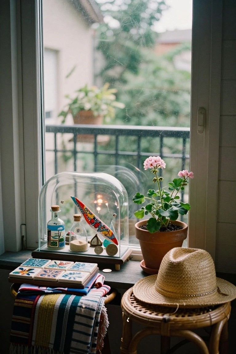 Windowsill inside a home with a glass dome containing small corked bottles and a colorful surfboard, a potted pink geranium, stacked decorative tiles, colorful blankets on a stool, two straw hats, viewed through an open window to a balcony and trees outside.