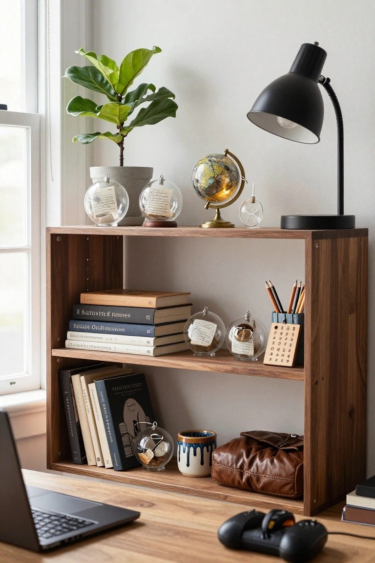 Wooden open shelf unit above a desk displaying books, glass orbs with paper inside, a globe, potted plant, desk lamp, mug, and accessories next to a laptop and game controller.