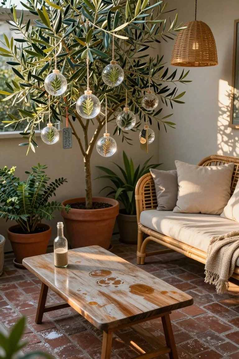 Potted olive tree on a terrace decorated with hanging clear glass ornaments containing dried leaves and botanicals, next to rattan sofa, plants, and low table with glass bottle.
