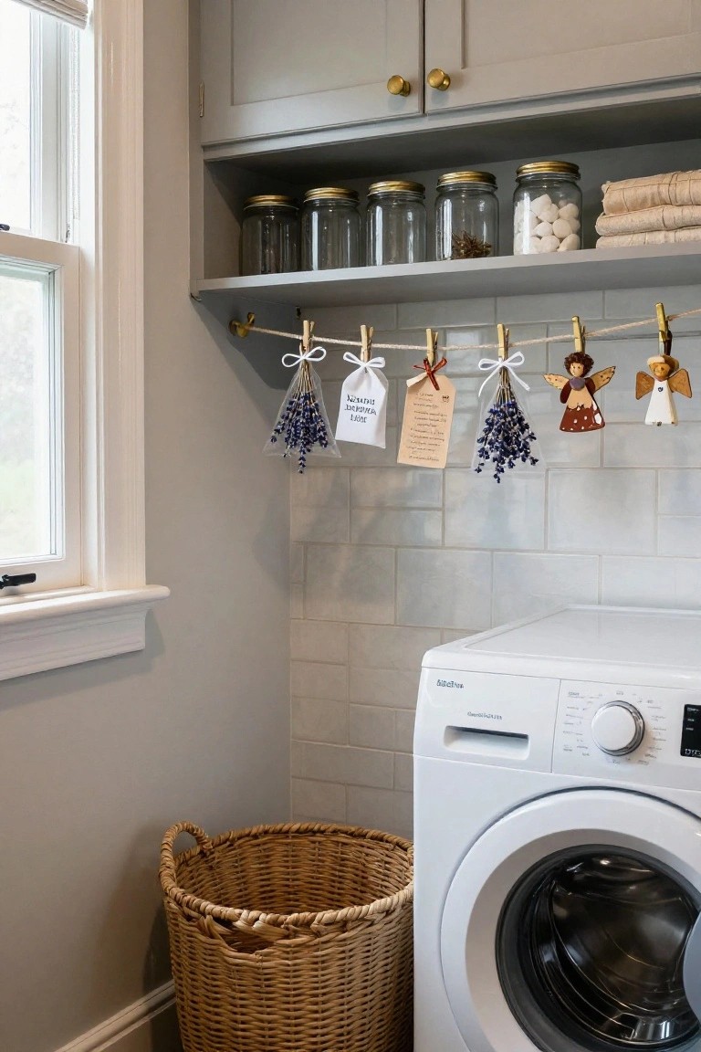 Laundry room corner featuring gray cabinets and open shelves with glass jars, a white front-loading washing machine, a wicker laundry basket on the floor, subway tile walls, and a pegged clothesline holding lavender bundles with tags and wooden angel ornaments.
