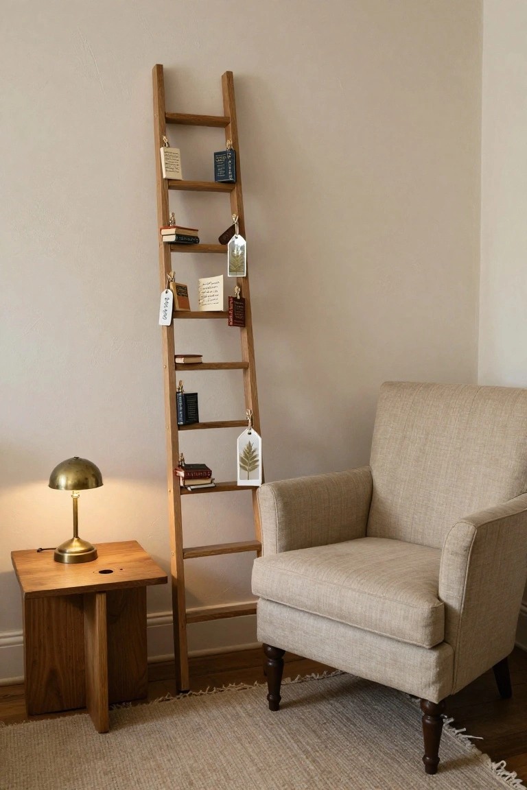 Wooden ladder leaning against a beige wall used as a bookshelf with assorted books and hanging tags, beside a beige armchair, wooden side table with brass lamp, and seagrass rug in a light room.