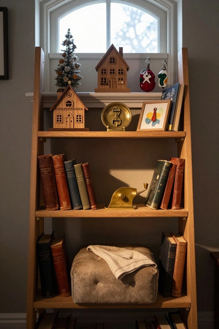 Wooden ladder shelf holding vintage books in various colors, small wooden Christmas houses, a miniature flocked tree, gold hourglass ornaments, hanging colorful egg decorations, and a beige footstool on the bottom shelf, positioned by a window with natural light.