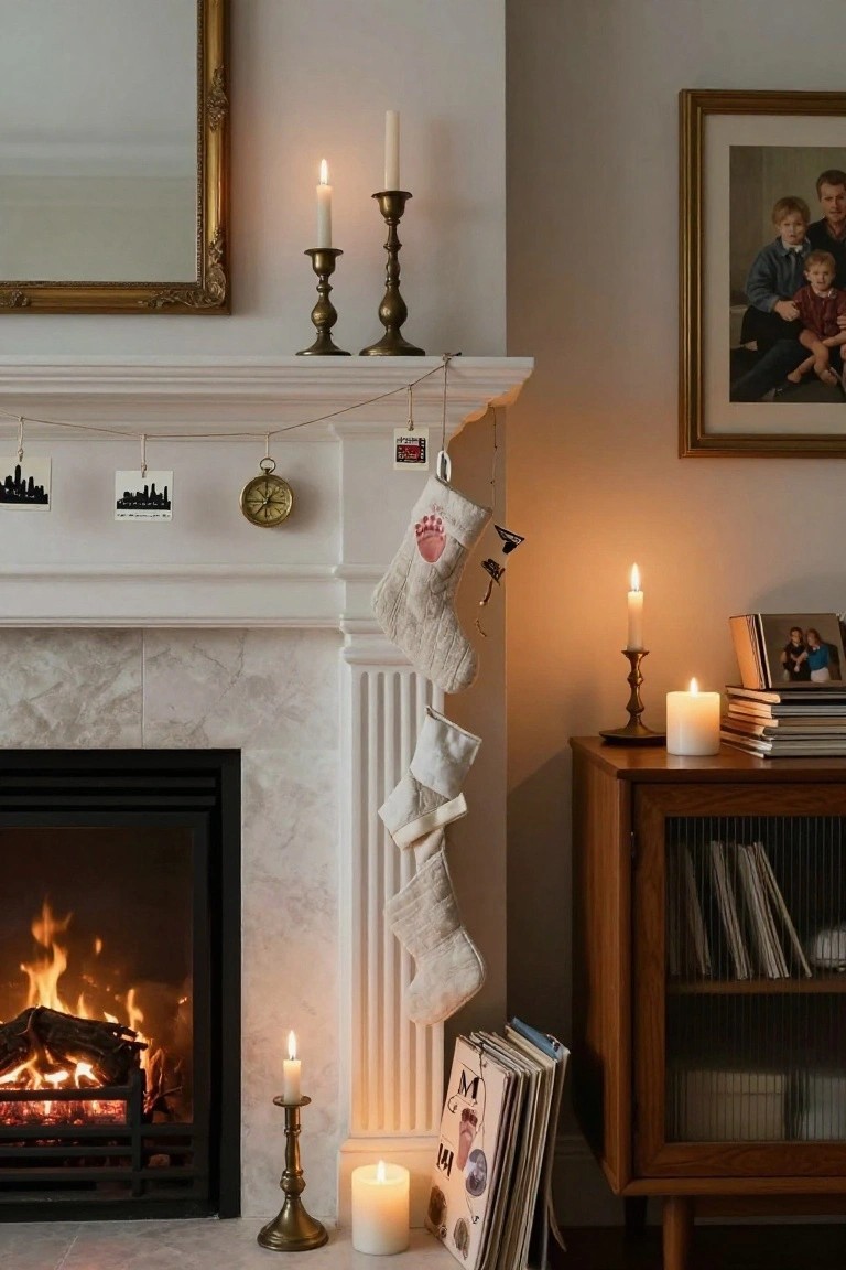 Living room fireplace mantel decorated with white Christmas stockings, a strung garland holding clipped black city skyline prints, brass candlesticks and candles, a brass clock, and nearby wooden bookshelves with stacked magazines and books.