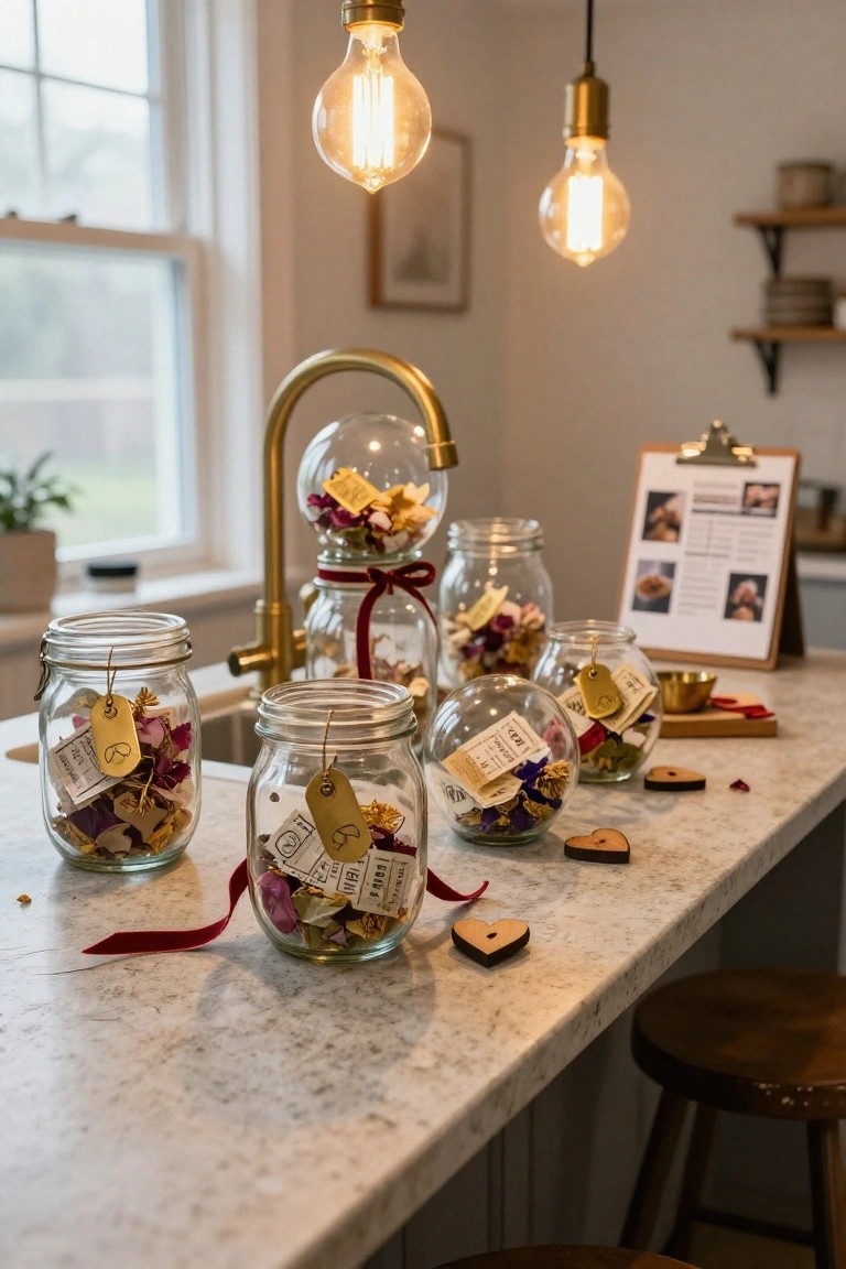 Kitchen countertop with several clear glass jars filled with rolled paper notes, dried flowers, gold tags, and ribbons, arranged near a gold faucet, pendant lights, and wooden stools.
