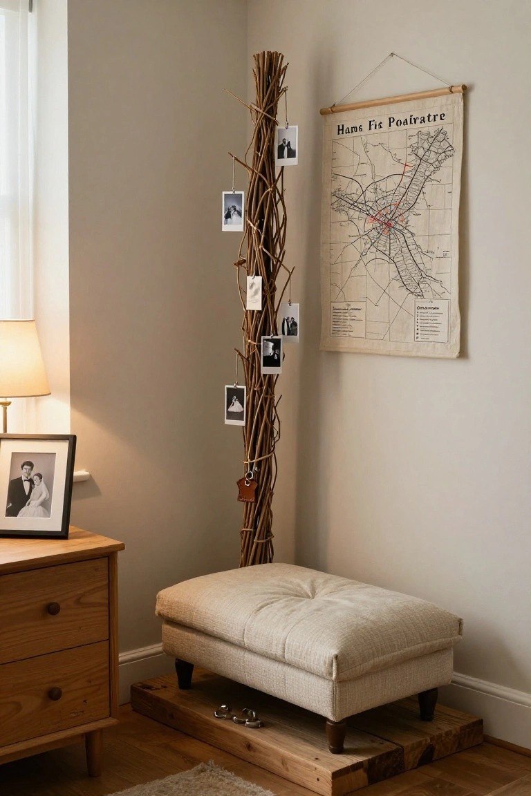 Corner of a light-colored room with a tall branch stand clipped with Polaroid photos, a fabric map banner on the wall titled 
