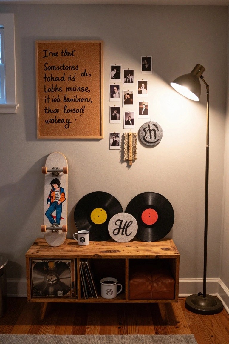 Indoor room corner featuring a framed corkboard with handwritten text and pinned polaroid photos on the wall, a painted skateboard leaning nearby, three vinyl records and a wooden tray on a rustic wooden shelving unit holding albums and mugs, and a brass floor lamp.
