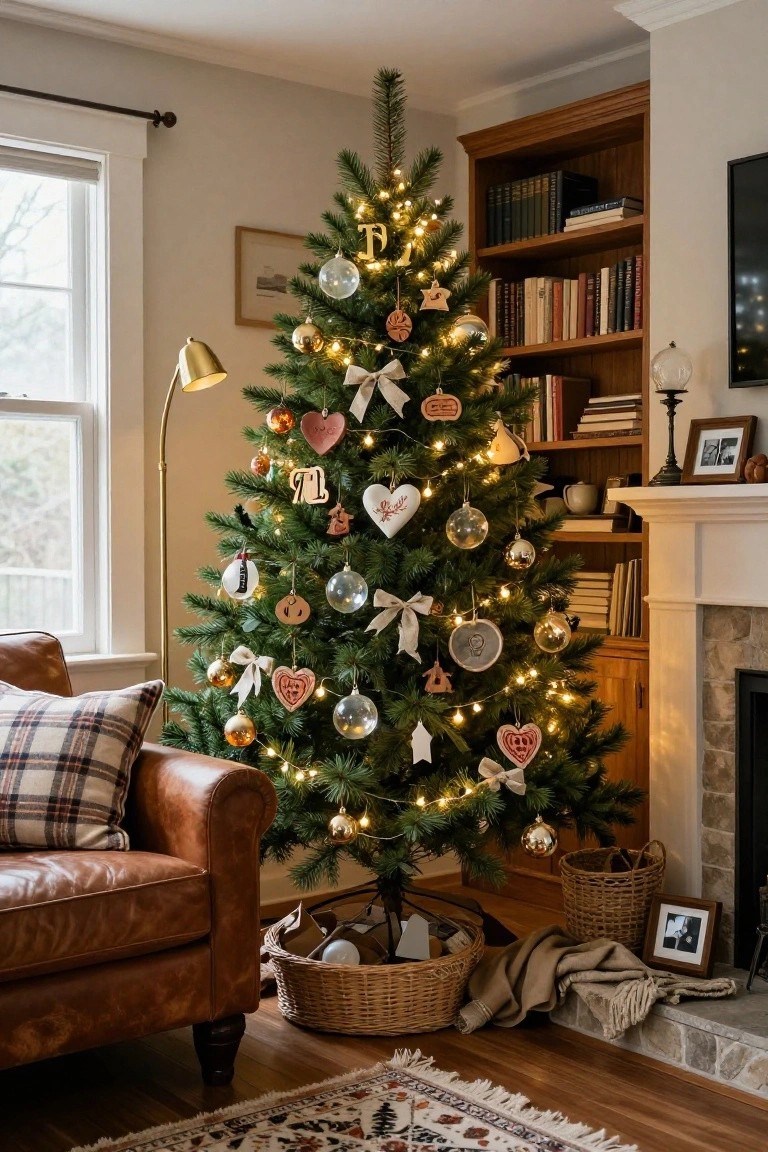 Cozy living room with a lit Christmas tree decorated with wooden heart and initial ornaments, glass balls, and ribbons, beside a leather armchair, bookshelves, and stone fireplace.