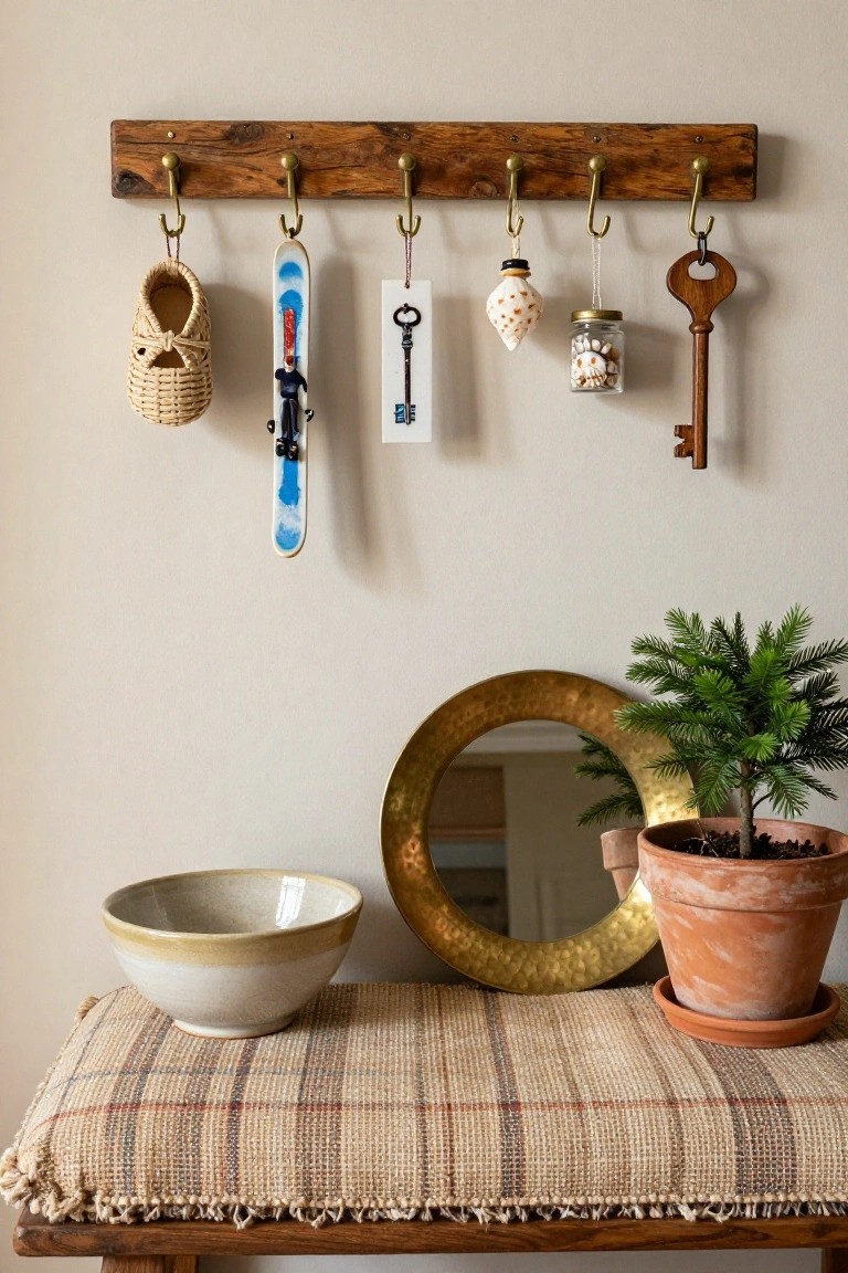 Wooden wall-mounted rack with five brass hooks holding a wicker baby shoe, toy ski, key tag, shell ornament, small jar, and wooden bottle opener, above a plaid-upholstered bench with a ceramic bowl, gold mirror, and potted plant.