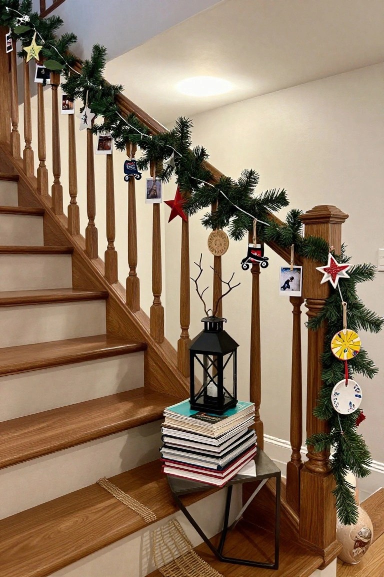 Wooden staircase with garland draped along the railing, decorated with clipped Polaroid photos, star-shaped ornaments, clock faces, and other holiday shapes, plus a black lantern and stack of books on a side table nearby.