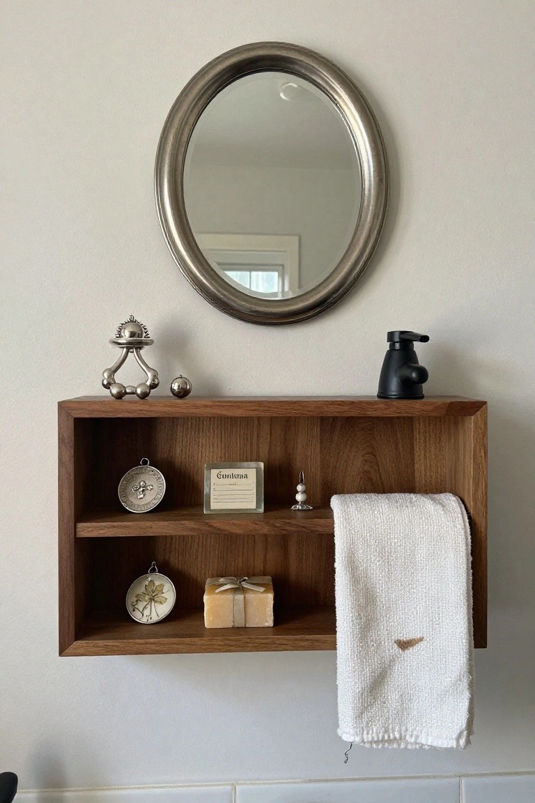 Wooden floating shelf on a bathroom wall under a round silver mirror, displaying small silver sculptures, a metal medal, soap dish, soap bars, and a white towel hanging from the edge, with a black soap dispenser mounted nearby.