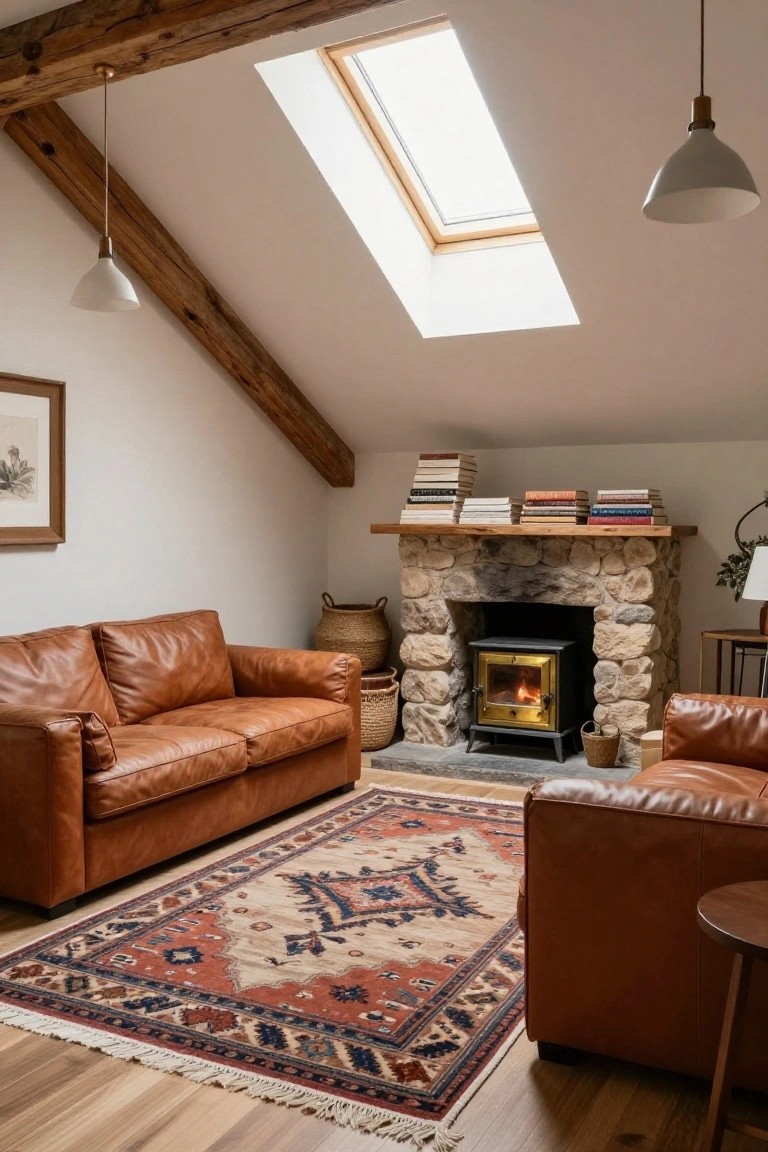 Attic living room with exposed wooden beams on sloped white ceiling, skylight, stone fireplace with gold wood stove, two brown leather sofas on wood floor with red and cream patterned rug, books stacked on mantel, pendant lights, and wicker baskets.