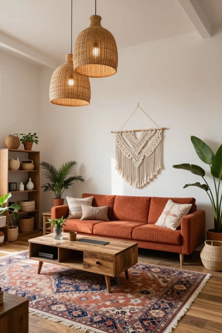 A living room with a burnt orange velvet sofa, wooden coffee table with storage, rattan pendant lights, macrame wall hanging, multiple potted plants, woven baskets, and a red and blue patterned rug on light wood floors.