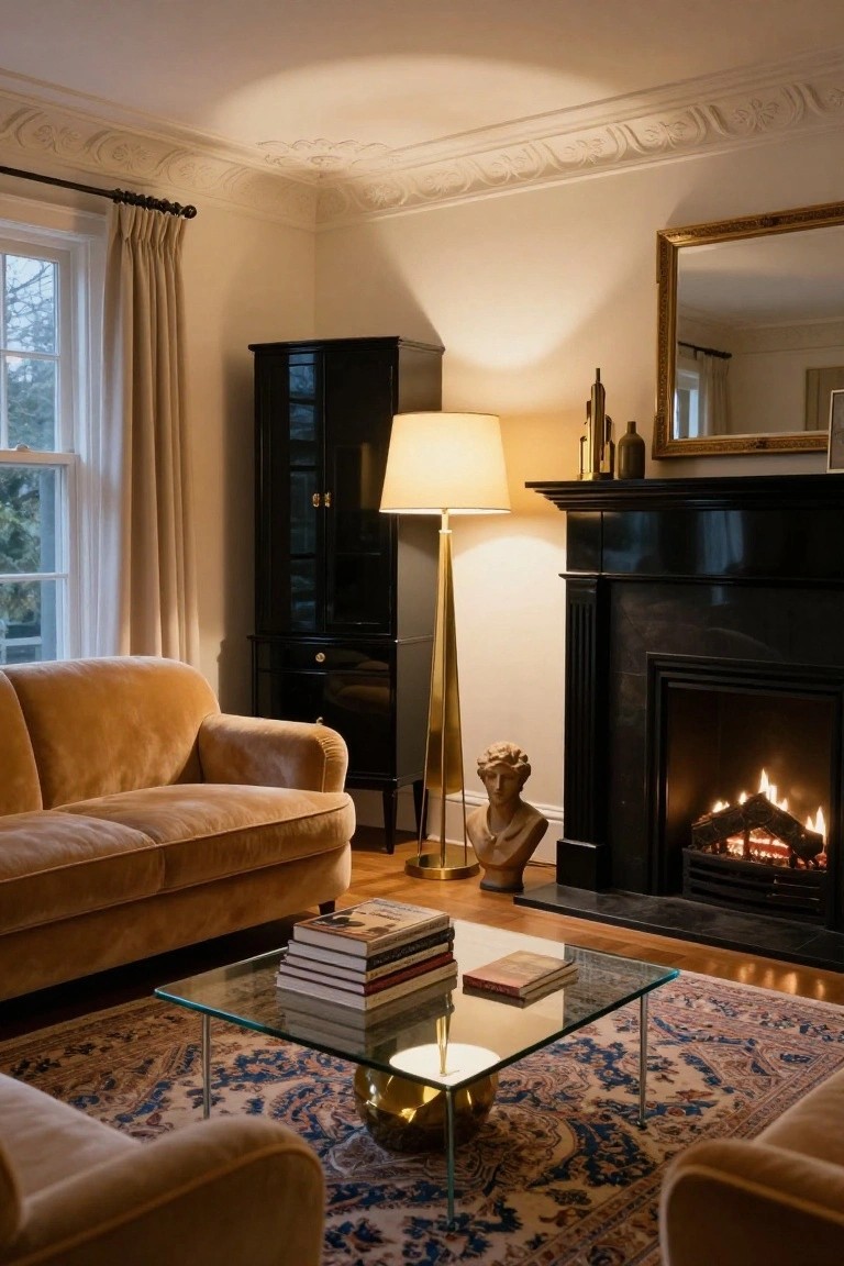 Living room interior with mustard velvet sofas facing a lit black marble fireplace, glass coffee table holding stacked books, brass floor lamp, wooden bookcase, and Persian rug on hardwood floor.