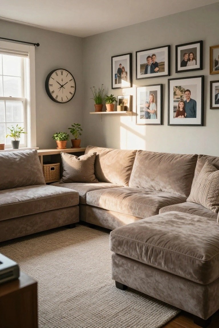 A living room corner with a large L-shaped beige velvet sectional sofa, beige throw pillows, potted plants on shelves and windowsill, family photos in black frames on light gray walls, a round wall clock, and a woven basket under a side table.