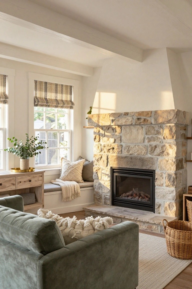 Living room interior with tall beige stone fireplace and gas logs, green velvet sofa with white pillows and throw, built-in window bench seat with cushions and blanket, wooden console table holding potted eucalyptus, large plaid-shade windows, seagrass rug, and wicker basket on hardwood floor.