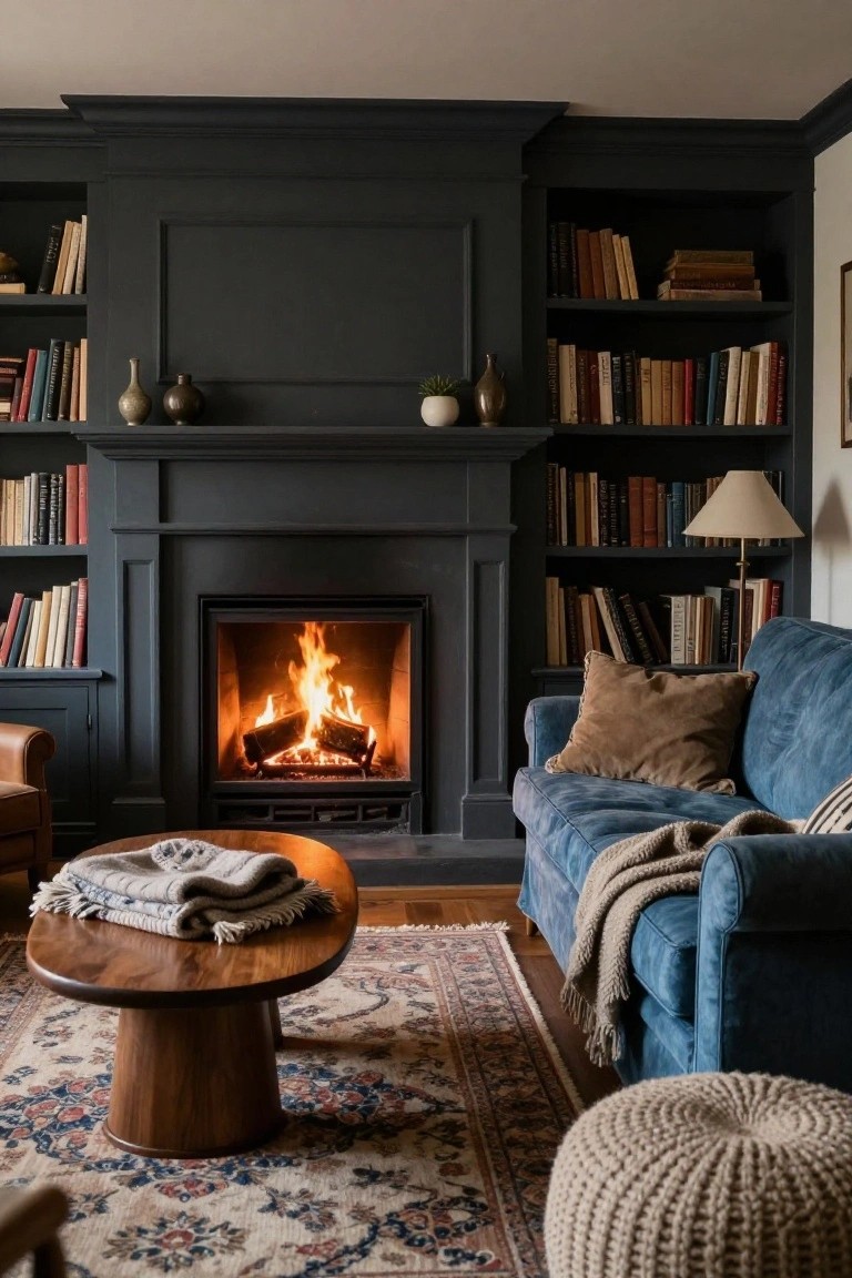 A living room with dark-painted built-in bookshelves flanking a lit fireplace, blue velvet sofa with pillows and throws, wooden coffee table with blankets, ottoman, and patterned rug.