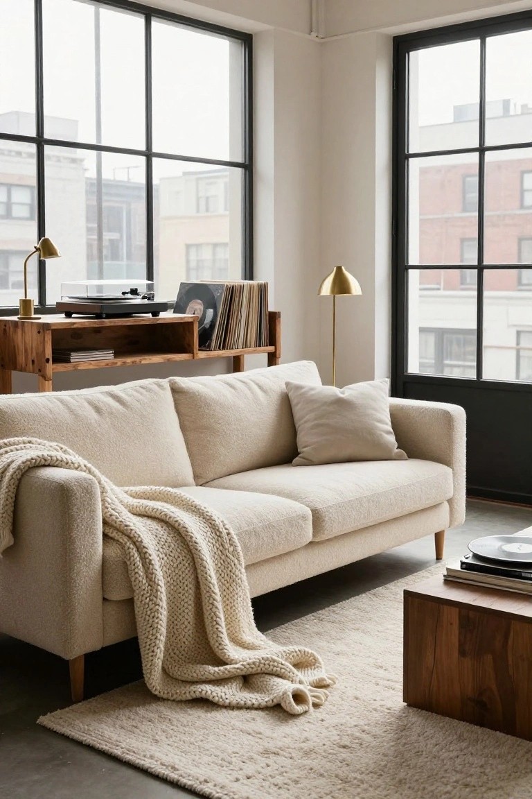 Cream bouclé three-seater sofa with a chunky white knit throw draped over the arm in a light-filled living room with large black-framed windows, wooden credenza and turntable, gold lamps, and low wood coffee table on a cream rug.