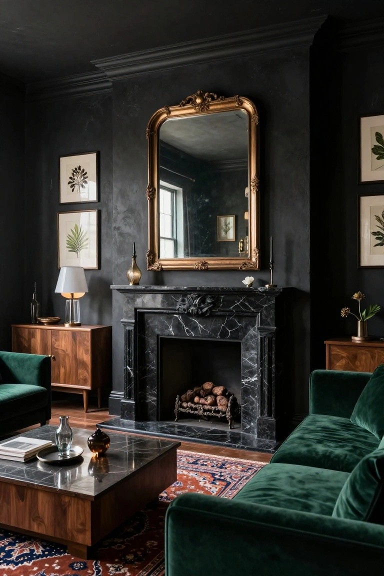 A living room featuring black textured walls, emerald green velvet sofas, a black marble fireplace with firewood, wooden credenzas, a gold ornate mirror, botanical prints, and a red and blue patterned rug on hardwood floors.