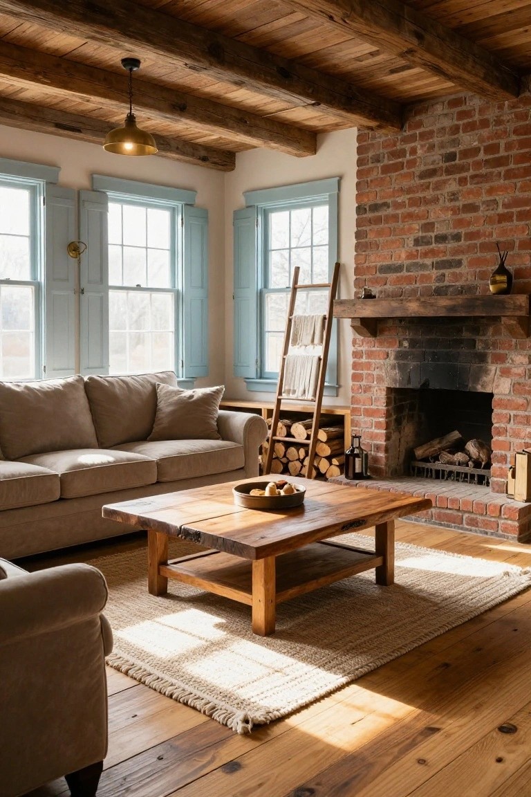 Cozy living room with exposed dark wooden ceiling beams, brick fireplace stacked with logs on a ladder nearby, beige sofa, wooden coffee table with bowl of fruit, light wood floors, and large windows with blue shutters.