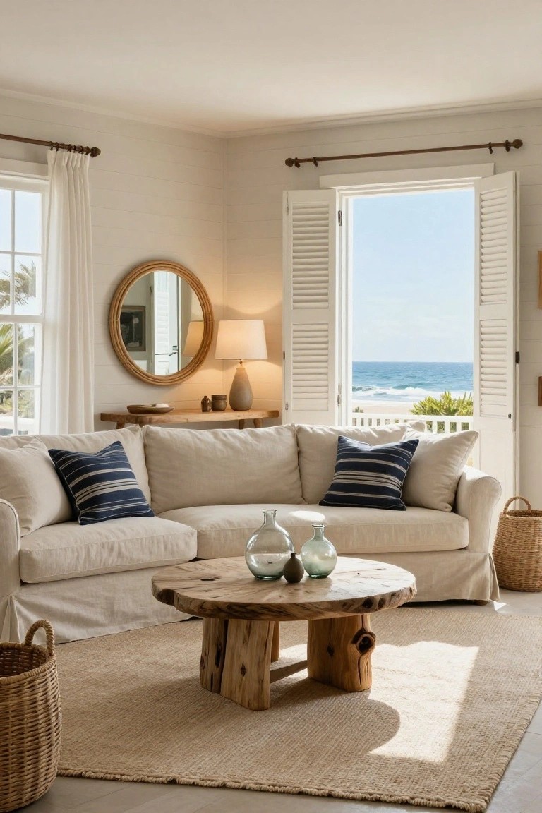 Light beige living room featuring a slipcovered L-shaped sofa with navy striped pillows, round wooden coffee table holding glass bottles, seagrass rug, rattan baskets, open white shutters revealing ocean view with waves and palm trees.
