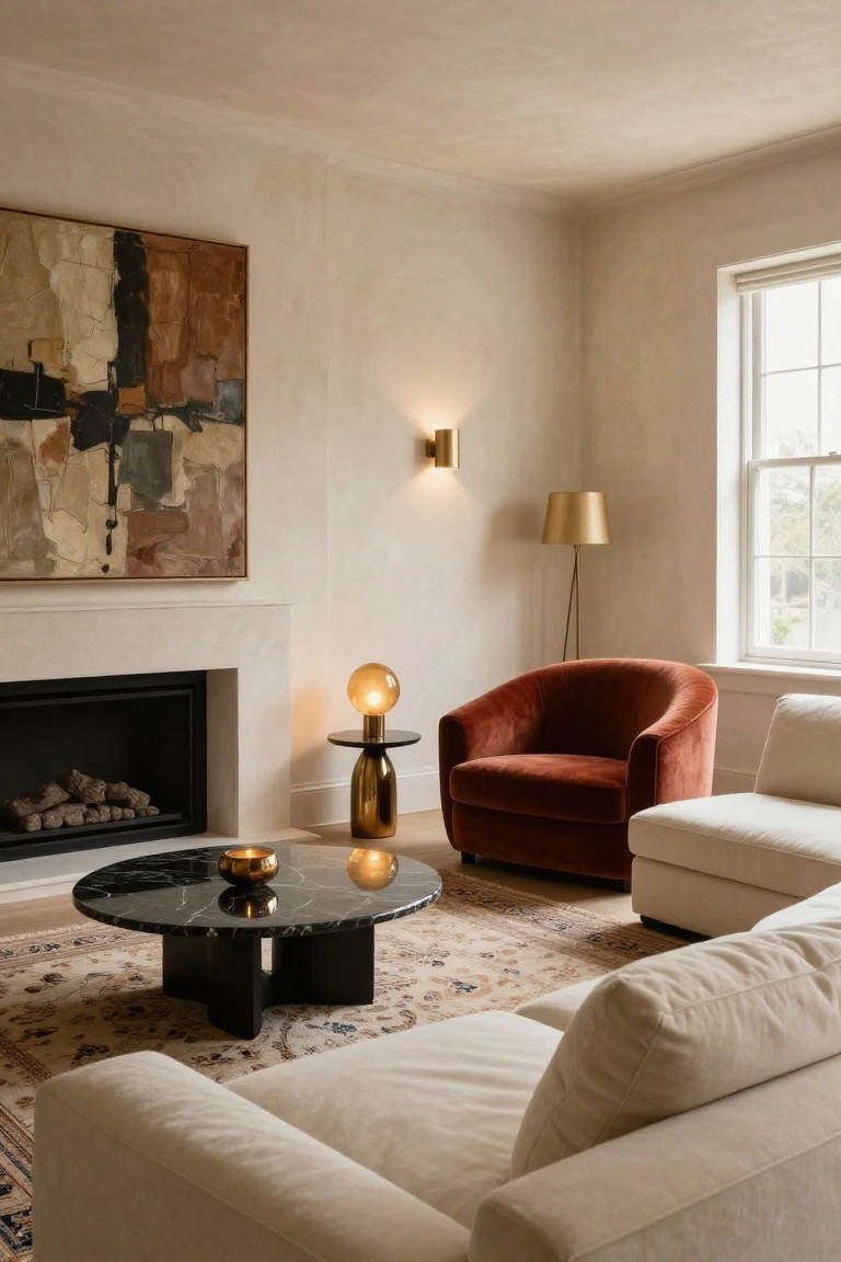 Living room interior with beige plaster walls, large abstract painting, brass wall sconce and floor lamp, rust velvet armchair next to brass lamp table by fireplace, black marble coffee table with candle holder on oriental rug, and white sofas.