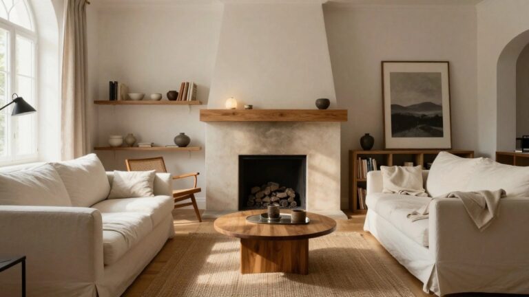 A light-filled living room with white walls, a wood-surround fireplace, two beige-upholstered wood armchairs, a white sofa with throw, round wood coffee table with glass top, seagrass rug, floating wood shelves holding ceramics and books, and an arched window with sheer curtains.
