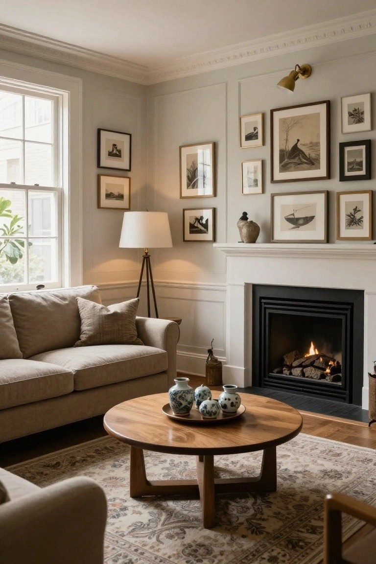 Cozy living room featuring pale paneled walls covered in assorted black-and-white framed artworks, a beige sofa, round wooden coffee table with blue-and-white ceramic vases, tripod floor lamp, and a lit fireplace.